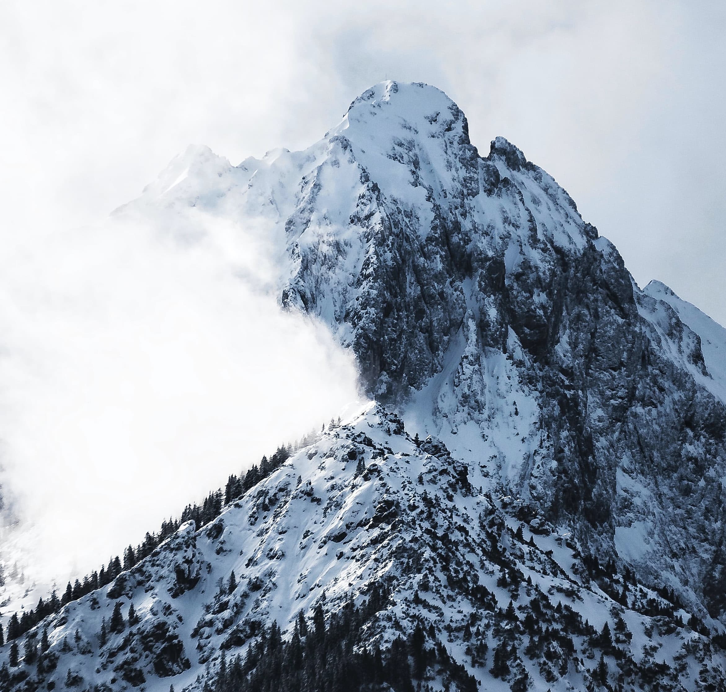 A snow-covered mountain peak rising above the clouds
